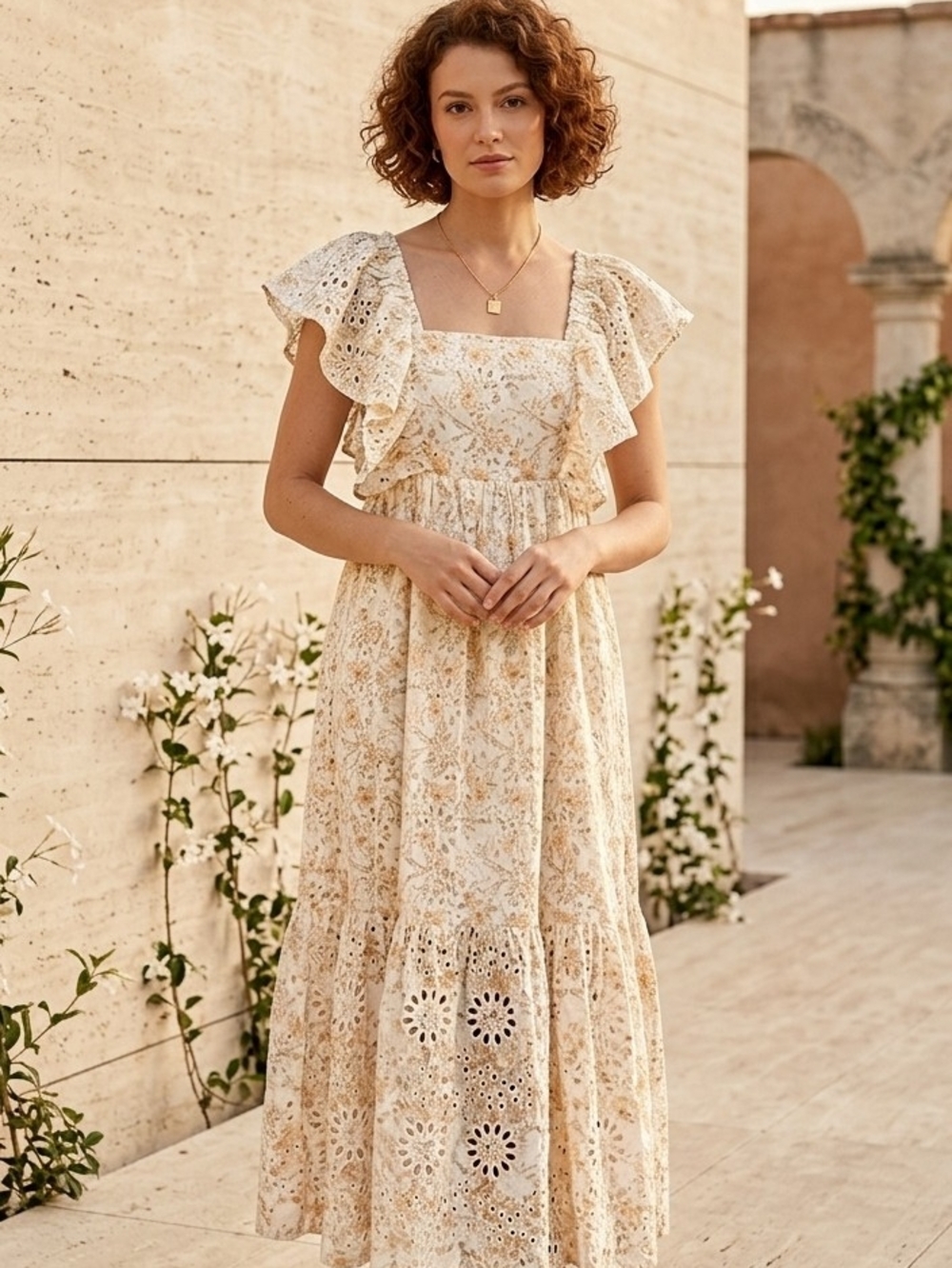 En Saison Opposites Floral Eyelet Ruffle Midi Dress Cream XS